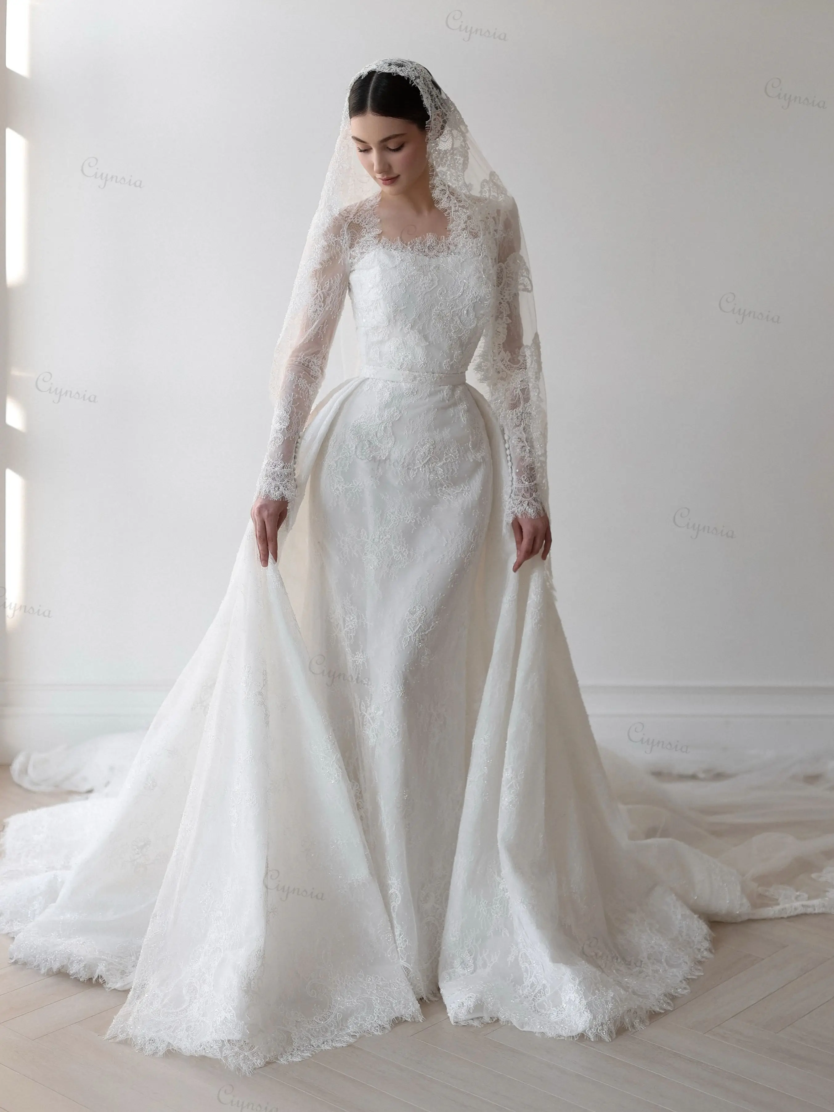Elegant Lace Wedding Dress Mermaid Vestido De Casamento 2026 Bride Dress with Bridal Veils Detachable Skirt Customzied