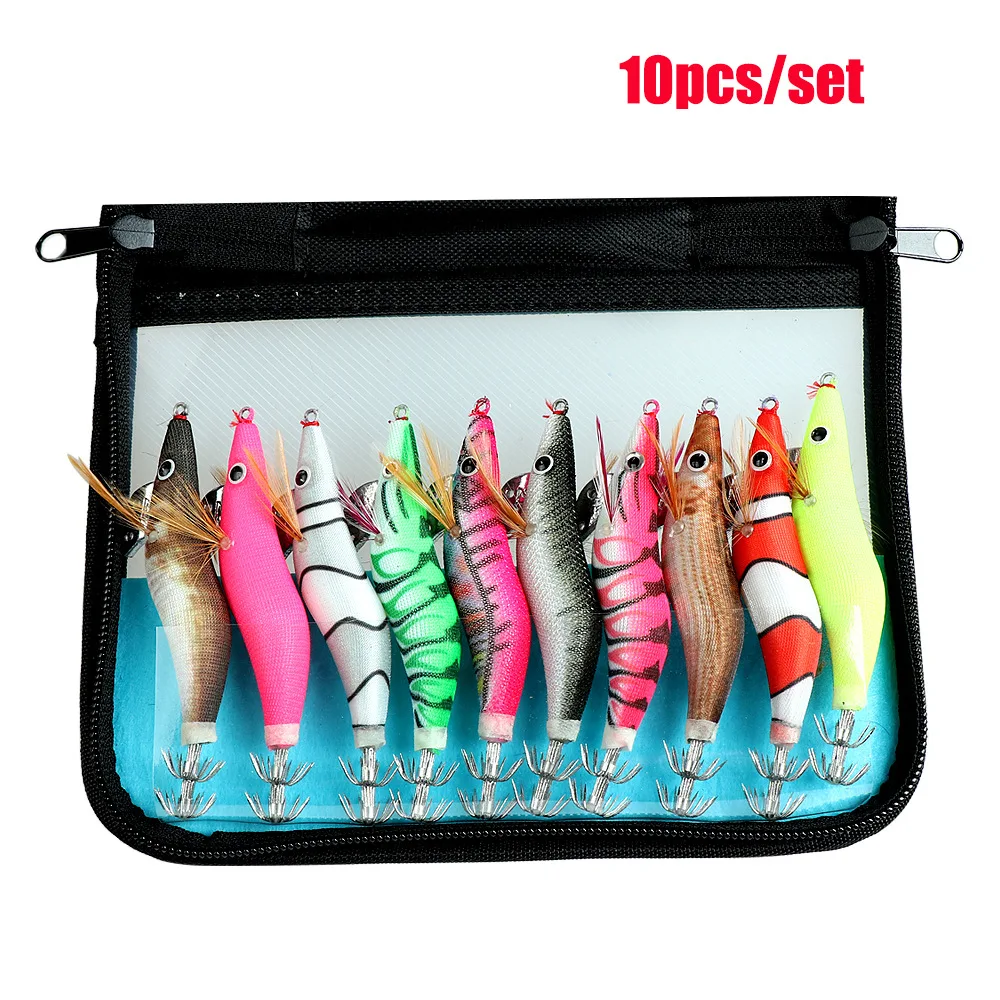 10Pcs 7,2g 11g 14g leuchtende Holz Garnelen Köder Tintenfisch Locken Gefälschte Fisch Köder Angeln Lieferungen Easy Shiner künstliche Köder Kit Locken
