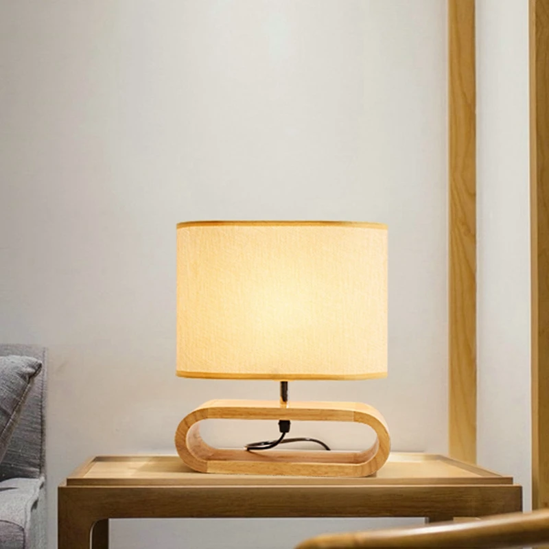 AT64 Nightstand Table Lamp With E27 Warm Light Nordic Wood Base Table Lamp Cloth Lampshade Table Lightsdesk Lamp EU Plug