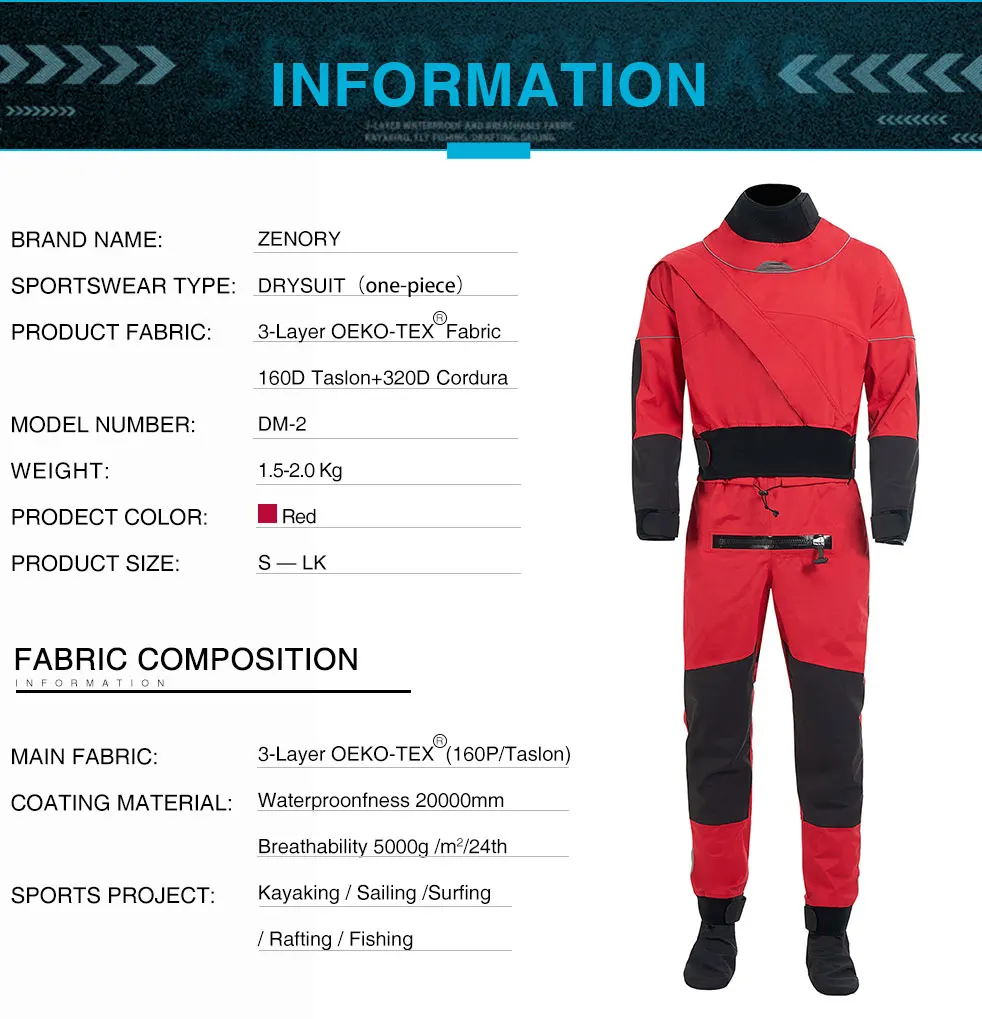 Men\'s Kayaking Breathable Dry Suit Surfing Fly Fishing Three-Layer Waterproof Fabric Neoprene Cuffs And Neckline  Drysuit DM-2