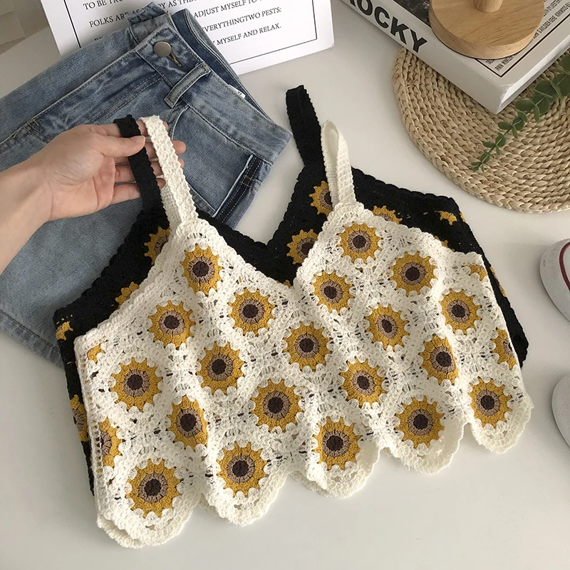 Rin Confa Summer New Style Hook Flower Sunflower Craft Knitting Top Women Short Hollow Out Top  Bohemia Sand Beach  Sling Vest