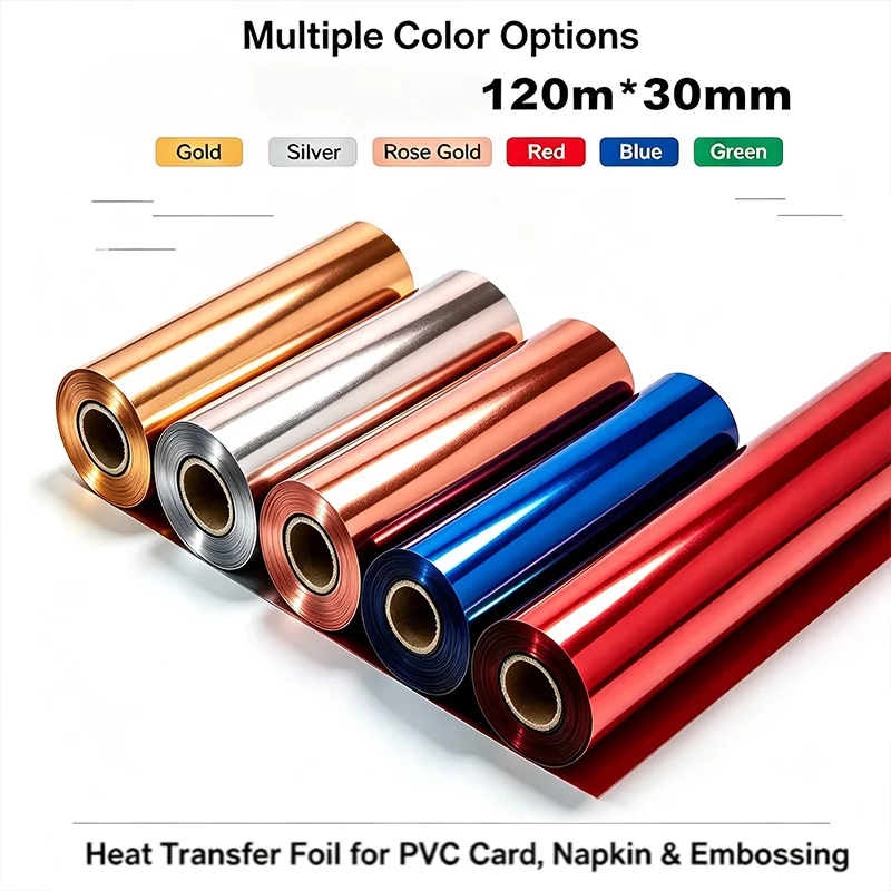 30mmx120m Hot Stamping Foil Gold Rose Silver Laser Black Gold Red Blue Heat Transfer Foil for Napkin PVC Card Emboss