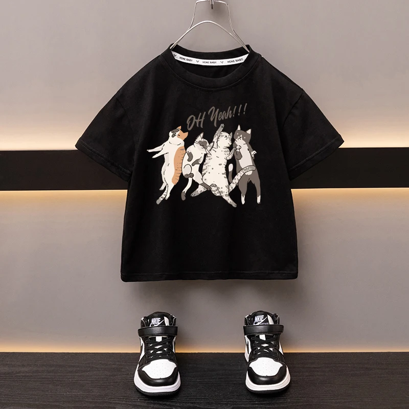 

Spring Children T-shirt 100% Cotton Printed Children's Clothing Japan Cartoon Cat Girl's Top Boys Round Neck Black Tees 2024 New