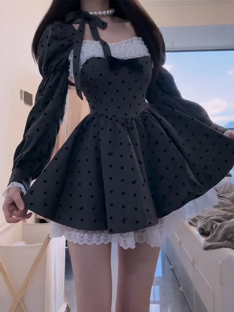 

XZY Chic Polka Dot Long Sleeve Dress Women's Frock Skirt Autumn Polyester Fiber Korean Style A-Line Dress Sweet Spicy Girl