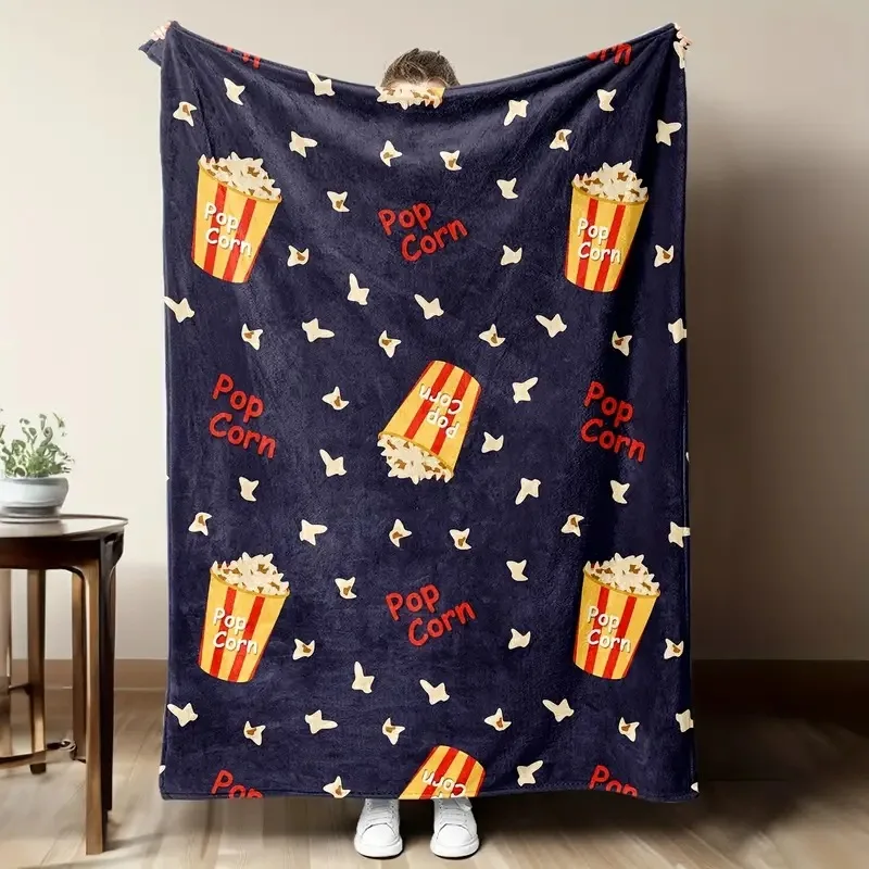 Cartoon popcorn digital-printed polyester Bedroom velvet flannel cover blanket Fleece soft sofa cover blankets for beds