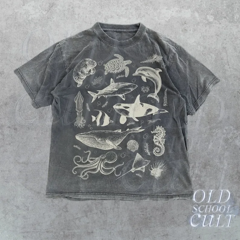 Vintage 90s Tattoo Sea Animal Tshirt, Retro Ocean Nature Shirt, Sealife, Ocean, Whale,