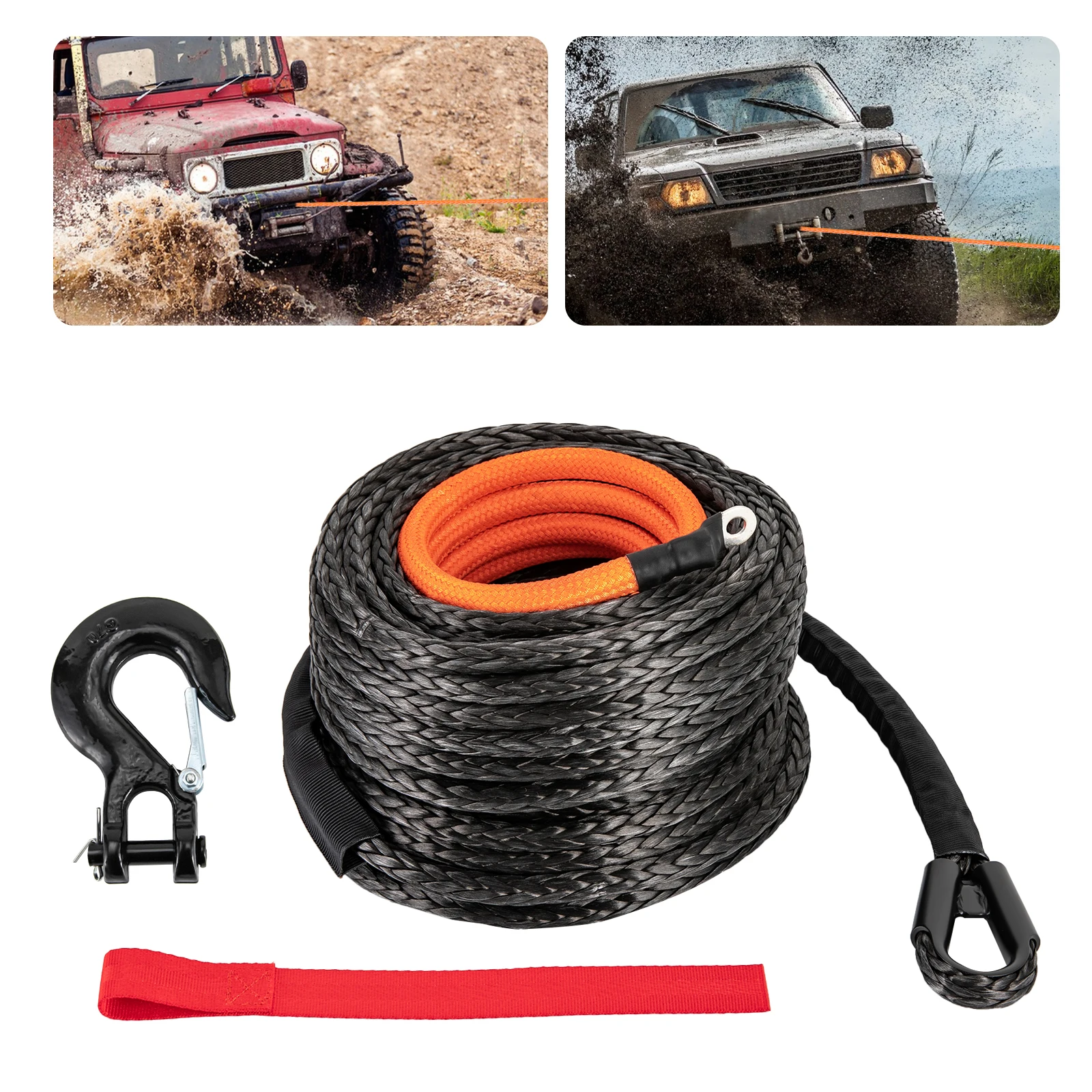3/8“ X 92ft Synthetic Winch Rope Black Winch Cable Car Tow Recovery Cable with 23.62in Sliding Protective Sleeve