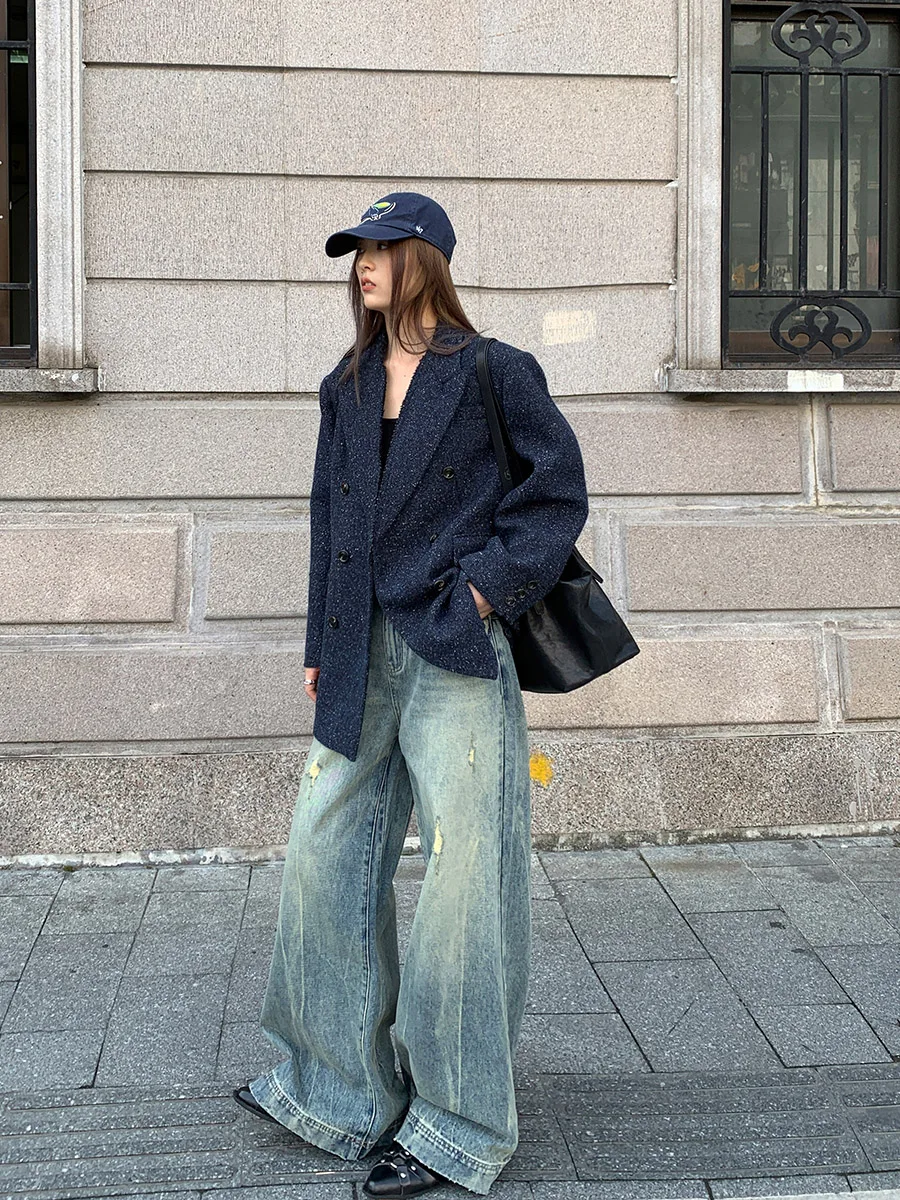 

Ретро Sle Высокая талия Прямые потертые джинсы Повседневные широкие брюки с дырками Износостойкие джинсовые свободные посадки для женщин