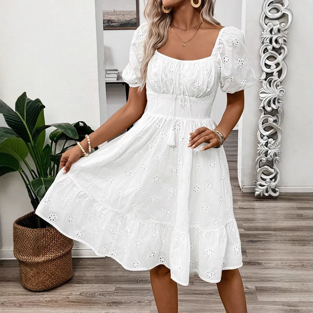 2025 Casual Pure Color Square Collar Short Sleeve Dress Elegant Spring Summer Women's Clothing Cross-Border Fashion