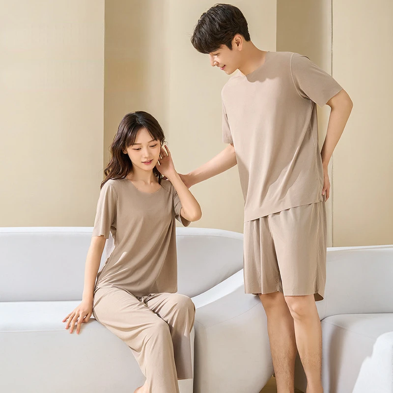 

Homewear Men Couple Pajamas Women's Round Neck Short Sleeved Pants Loungewear Set Summer Ice Silk Air-conditioned Thin Sleepwear