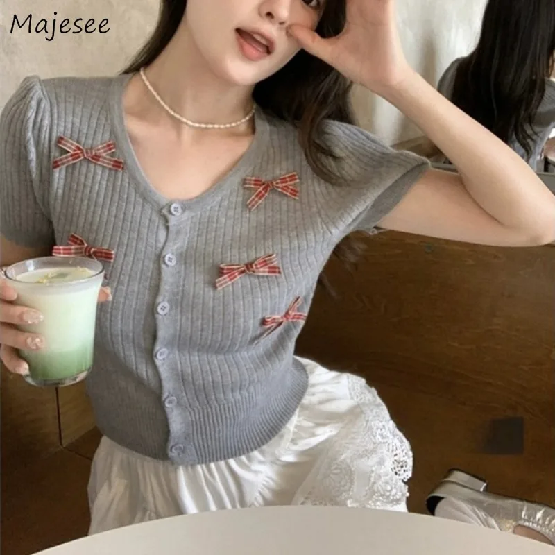 

Short-sleeved Shirt Women Bow Design Knitted Sweet Lovely Girls All-match Casual Clothing Summer Slim Fit Classic Prevalent Ins