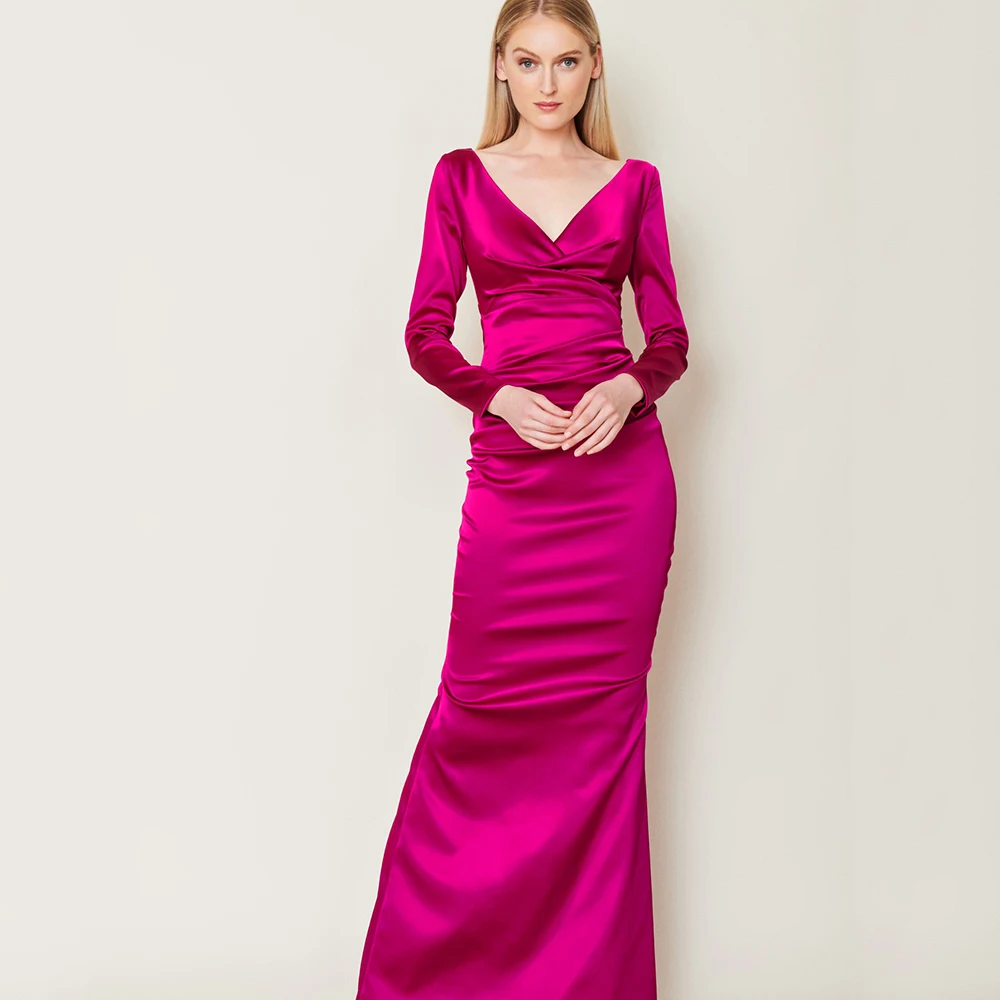 

Simple Soft Satin Sheath Evening Dress Classic V-Neck Long Sleeves Pleat Floor Length Women Zipper Custom Made Party Gowns