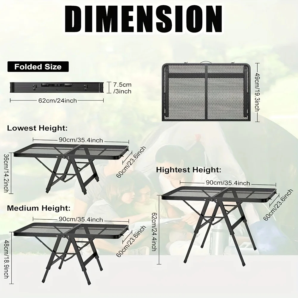 Portable 3Ft Height Adjustable Folding Camping Grill Table with Mesh Desktop - 200lbs Load Capacity, Collapsible Metal Design