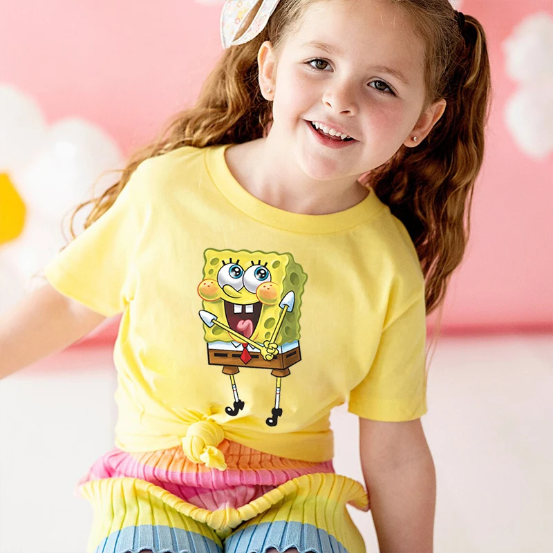 SpongeBob SquarePants printed kids T-shirt summer children's cotton short-sleeved suit for boys and girls yellow casual top