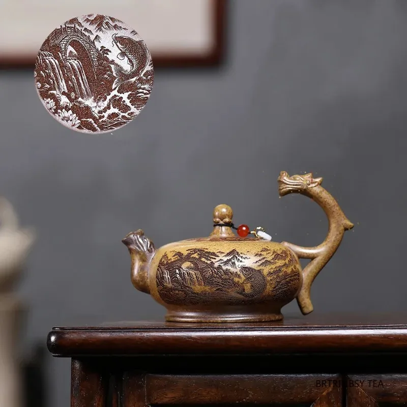 

Chinese Tradition Yixing Purple Clay Teapot Handmade Dragon Fish Tea Pot Household Beauty Kettle Zisha Teaware Tea Set 260ml