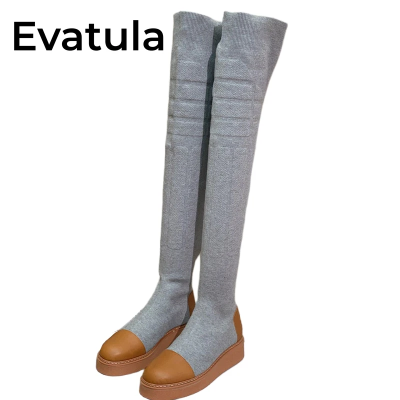 

2023 Autumn Elastic Knitted Over The Knee Boots For Women Round Toe Flat Platform Long Sock Boots Fashion Thigh High Botas Mujer