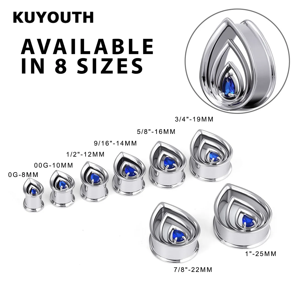 KUYOUTH 2 Stück blaue Zirkon-Ohrstecker, geschichtete tropfenförmige Dehner, Piercing-Schmuck – Detail 6