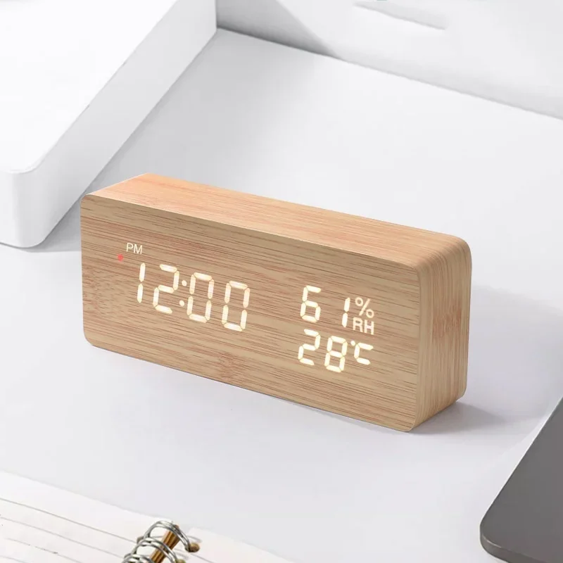 Voice Control Wood Digital Alarm Clock TEMP Humidity Date Night Mode Table Clock 3 Alarms Power Outage Memory 12/24H LED Clock