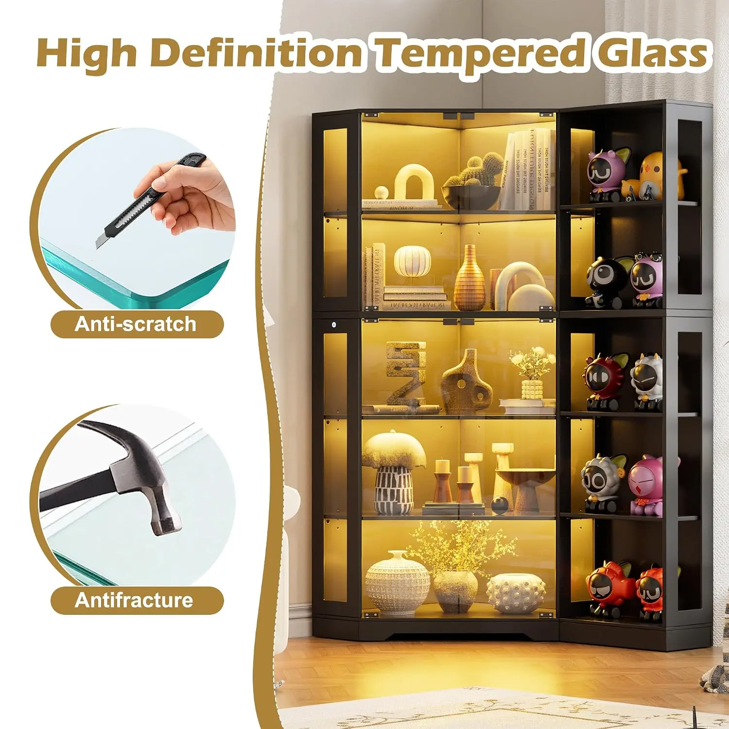 Corner Display Curio Cabinet with Glass Doors & LED Lights, Collectibles Storage Shelves for Living Room, Black, Customized