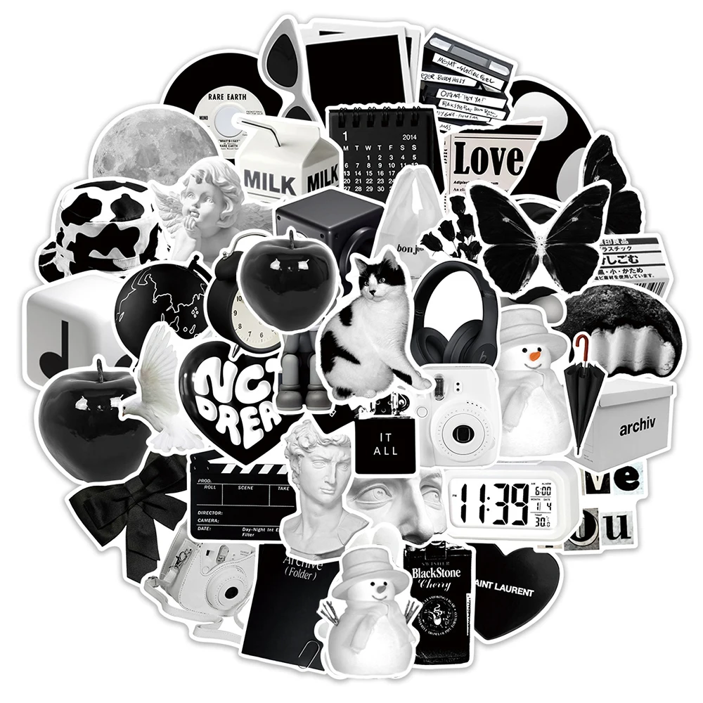 10/30/50pcs Cute Ins Style Black White Simple Stickers Graffiti Cartoon Decal Scrapbook Laptop Guitar Phone Wall Sticker Kid Toy