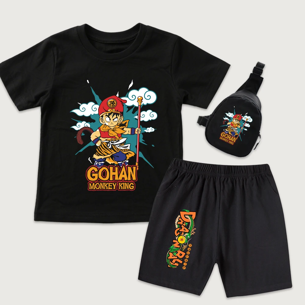 Dbz Gohan Monkey King Anime Print Cotton T Shirt Shorts Mini Chest Bag 3pcs Set Kids Boys Girls Casual Outfit