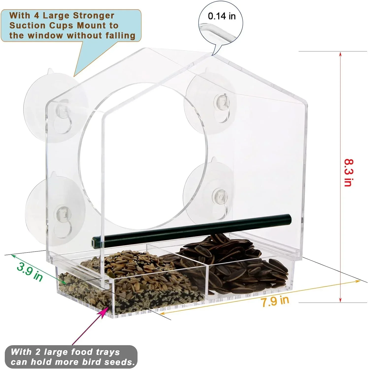 Acrylic Window Bird Feeder with 4 Strong Suction Cups, Clear and Transparent Bird House, Removable Food Tray with Drain Holes