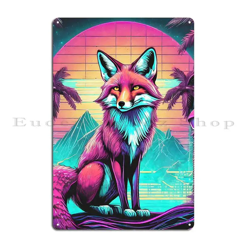 Synth Wave Fox Art With Neon Retro Sunset Metal Sign Rusty Home Garage Customize Cinema Tin Sign Poster