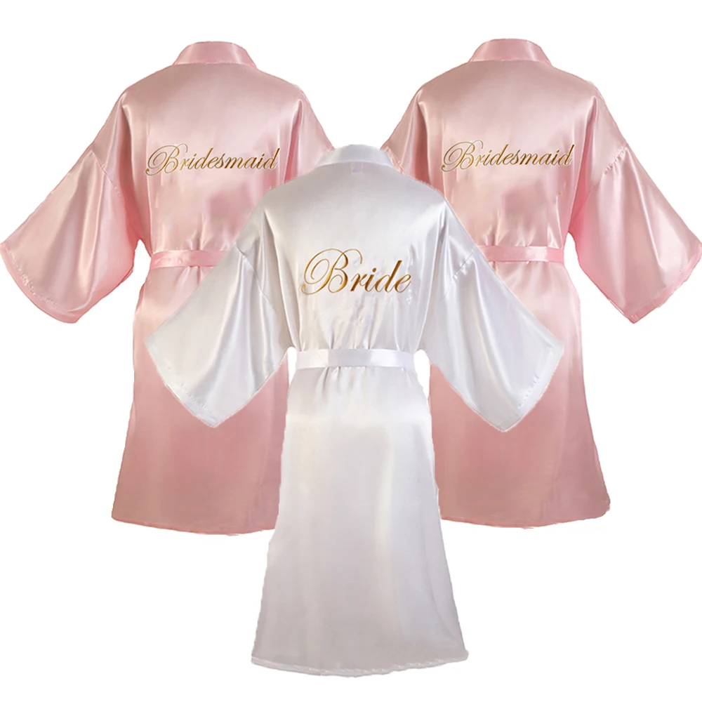 Wedding Party Team Bride Robes Embroidered Bridesmaid Gift Night Dress Gown Bathrobe Kimono Satin Robes Women Short Sleepwear