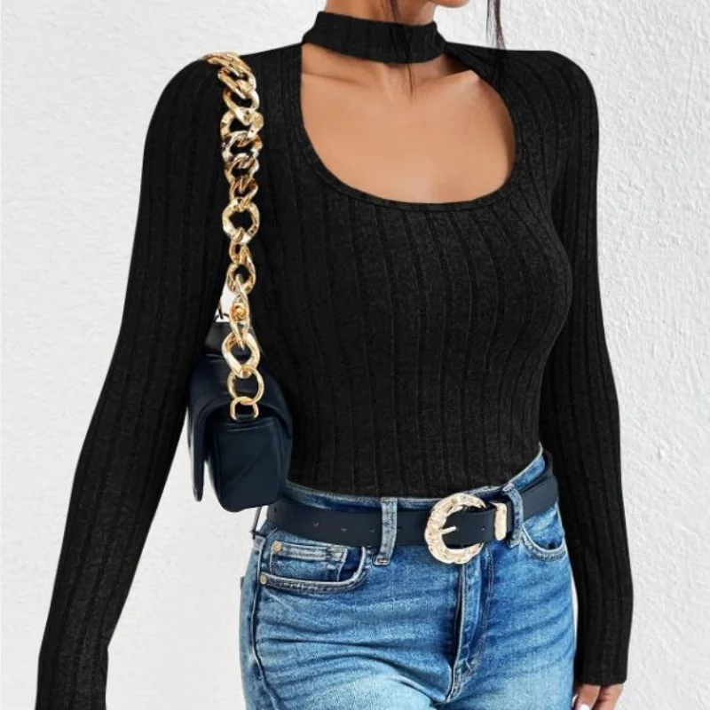 2023 Autumn New Advanced Personalized Neck U-Neck Long Sleeve Slim Popular Versatile Simple Solid Color Knitted Female Sweater