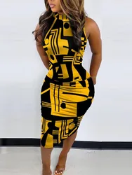 Summer Print Sexy Slim Dress Women Fashion O Neck Sleevess Package Hip Party Dresses Casual Elegant Beach Dress 2023 New Female