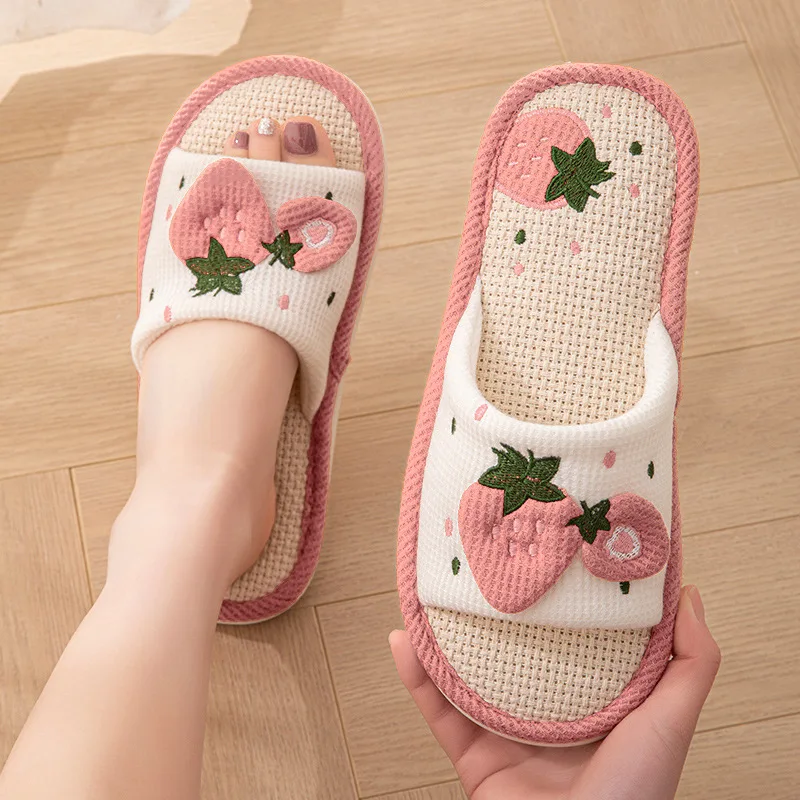 Strawberry Linen Women Slippers Home Open-Toe Designer Summer Shoes Girls Indoor Slides Non-Slip Soft Silent Unisex Breathable image 5