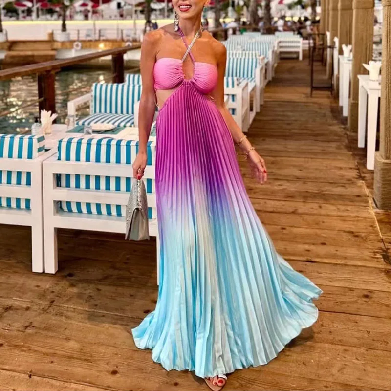 Summer Hollow Halter Pleated Holiday Dress Casual Gradient Print High Waist Party Long Dress Female Sleeveless Slim Beach Dress