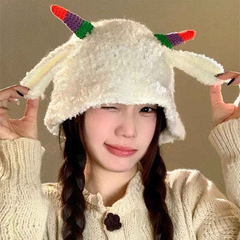 

Cute Ears Plush Knit Hat for Women Autumnwinter Warm Earprotector Fisherman's Woolen Hat