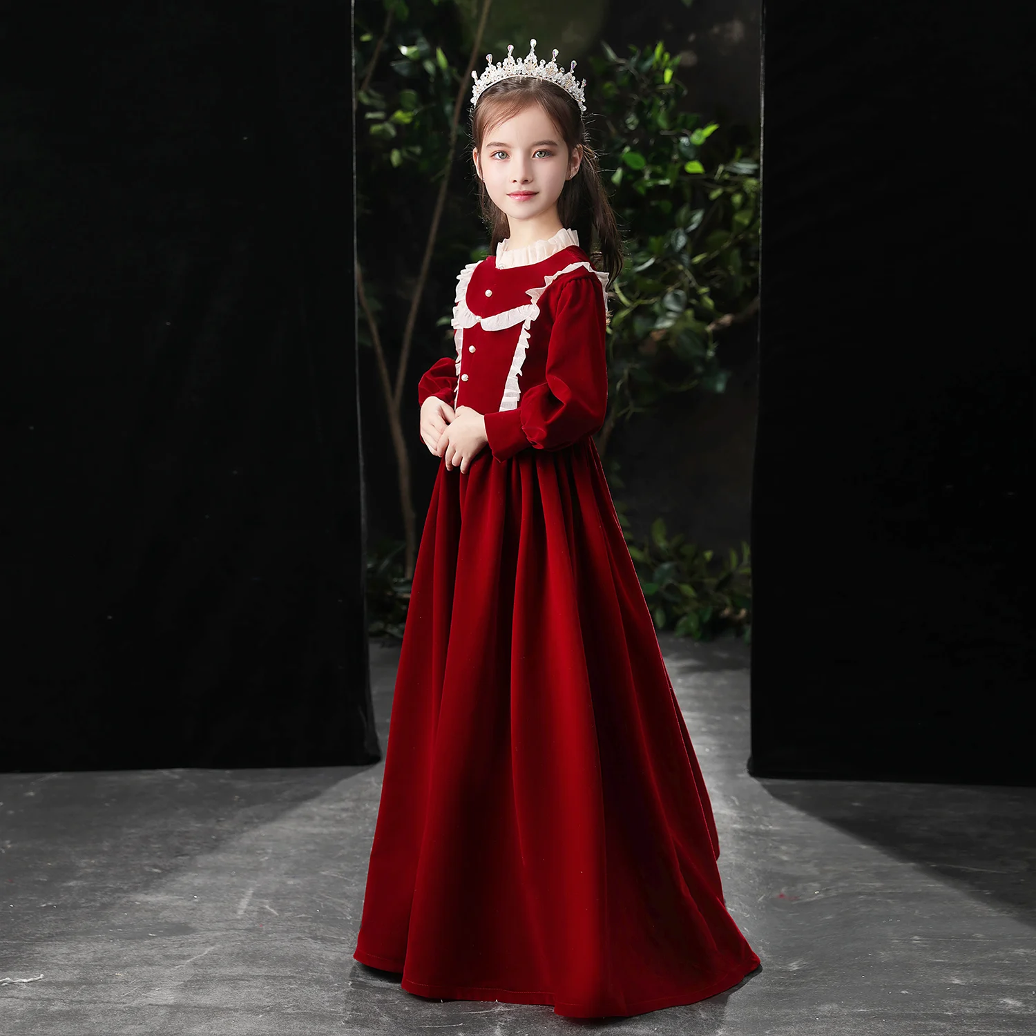 Wine Red New Velvet Dress Children's Dress Flower Children Performing Dress New Year Girl Peng Skirt Graduation Chorus