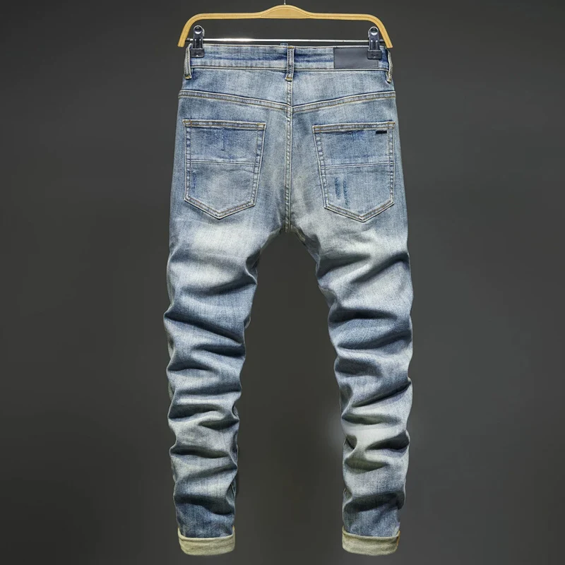 Men Light‑Blue Washed Multi‑Layer Ripped Cuffed Skinny Jeans, Vintage Distressed Denim Pants, Mid‑Waist Stretch Slim‑Fit Streetw