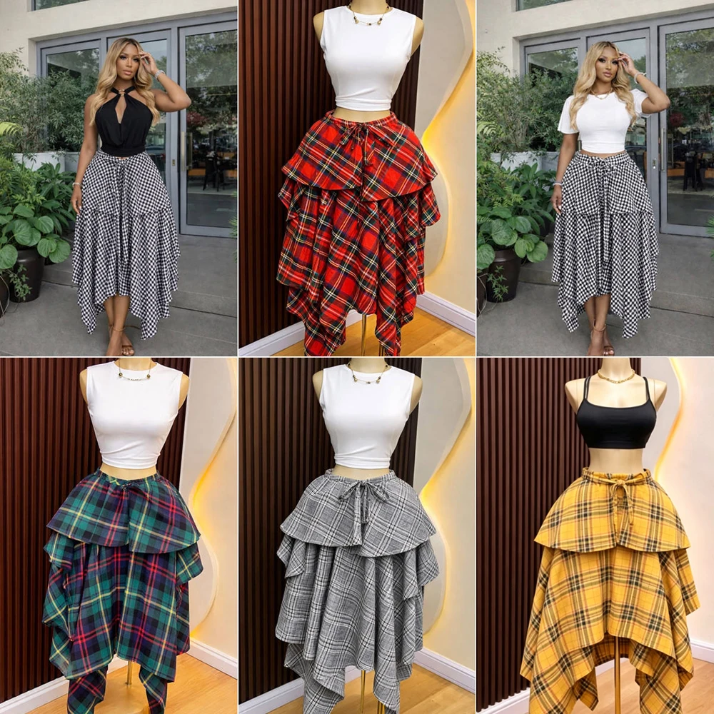 Trendige Sommerröcke für Damen: Streetwear High-Waist-Schleifenrock mit Karomuster und unregelmäßigem Taschentuch-Flare-Saum – Neu 2026 – Detail 3