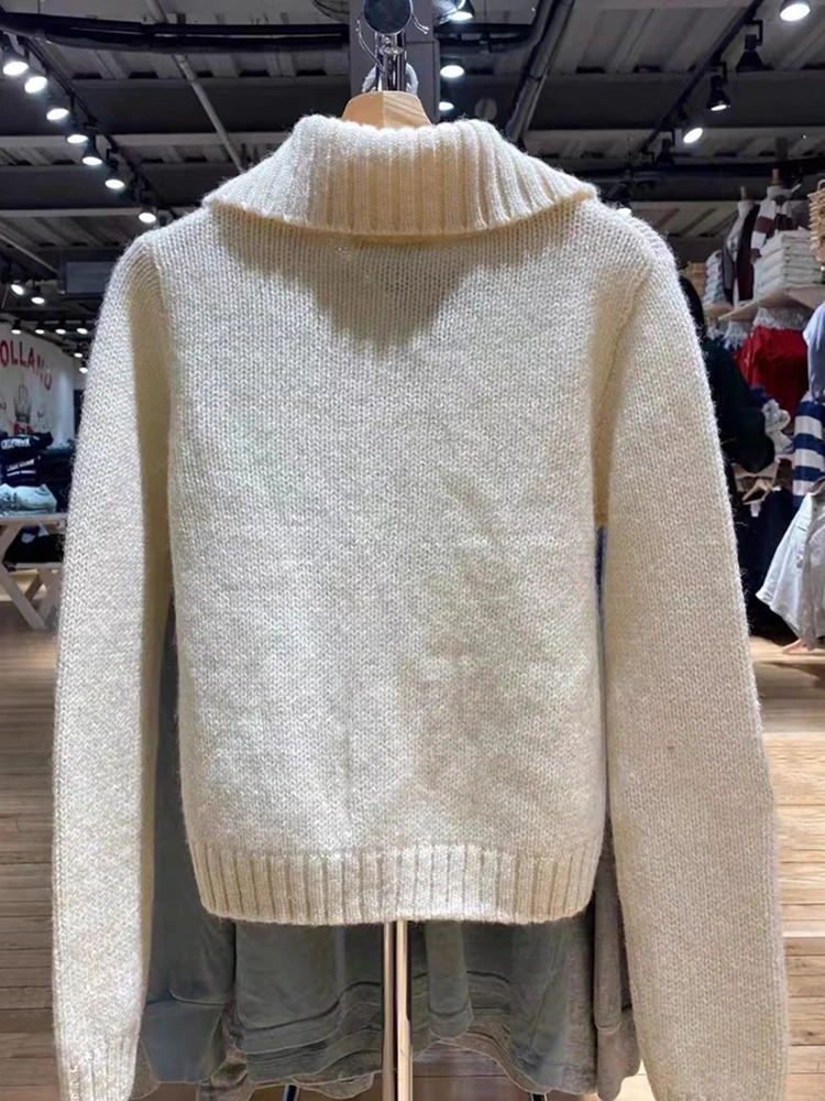 Vintage Solid Knit Cardigan Women Autumn Retro Turn-down Collar Cotton Zipper Long Sleeve Sweaters Casual Harajuku Chic Y2k Tops