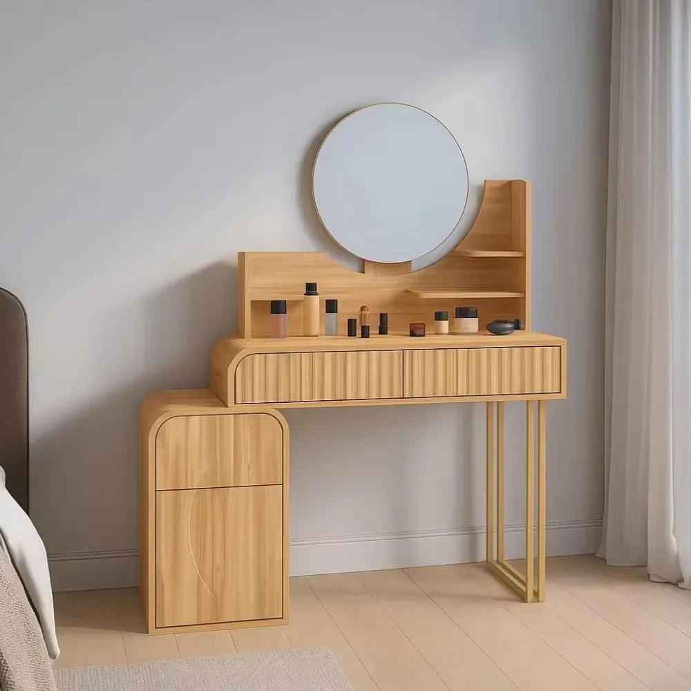 Living Room Minimalism Design High End Wooden Dressing Table Set Vanity Desk with Mirror and LED Lights