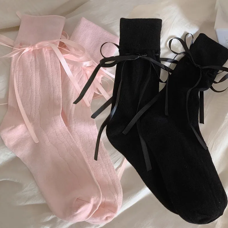 

Длинные носки в стиле Лолита для женщин, с лентами и бантиками, милые, кавайные, средней длины, в балетном стиле, однотонные, черные, белые