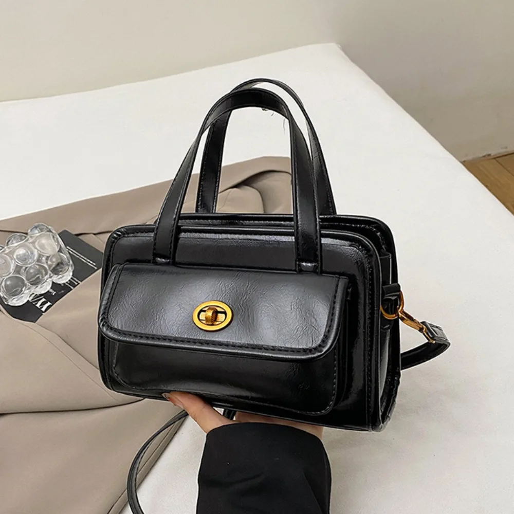 

Simple Korean Style PU Bowling Bag Solid Color Minority Design Pocket Boston Tote Bag French Style Handbag Underarm Bag Outdoor