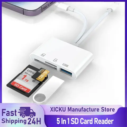 5 In 1 SD Card Reader  Lightning /Type C to USB 3.0/SD/TF Card Adapter, Memory Card Reader for iPhone iPad MacBook Samsung Andro