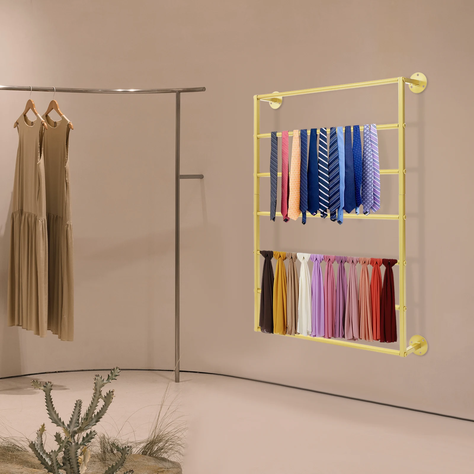 

Gold 7-Tier Wall Mounted Scarf Organizer, Hanging Storage Rack for Scarves Towels Hats Belts - Carbon Steel Display Shelf Holder