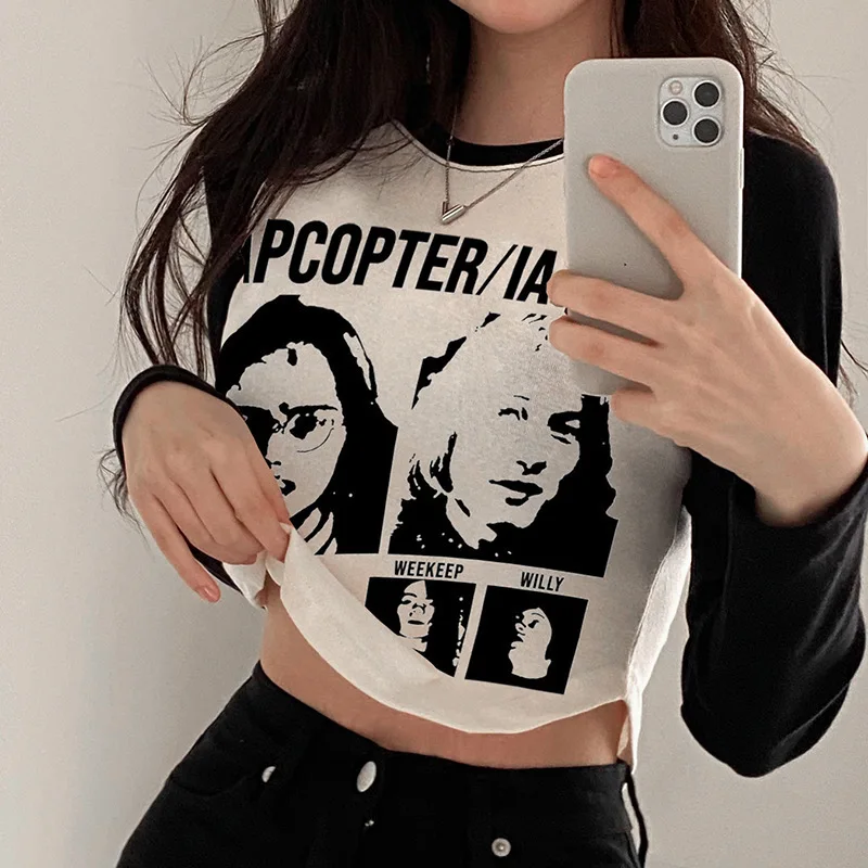 

American portrait print street trend long sleeved T-shirt contrasting colors for slimming, U-neck hem pullover casual short top