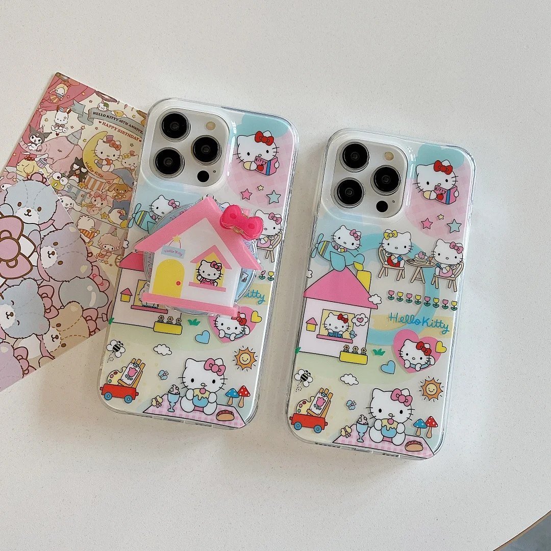 

illustration HelloKitty For Magsafe Wireless Charge Phone Case For iPhone16 15 14 13 Pro Max rotate Magnetic Stand Holder Cover﻿