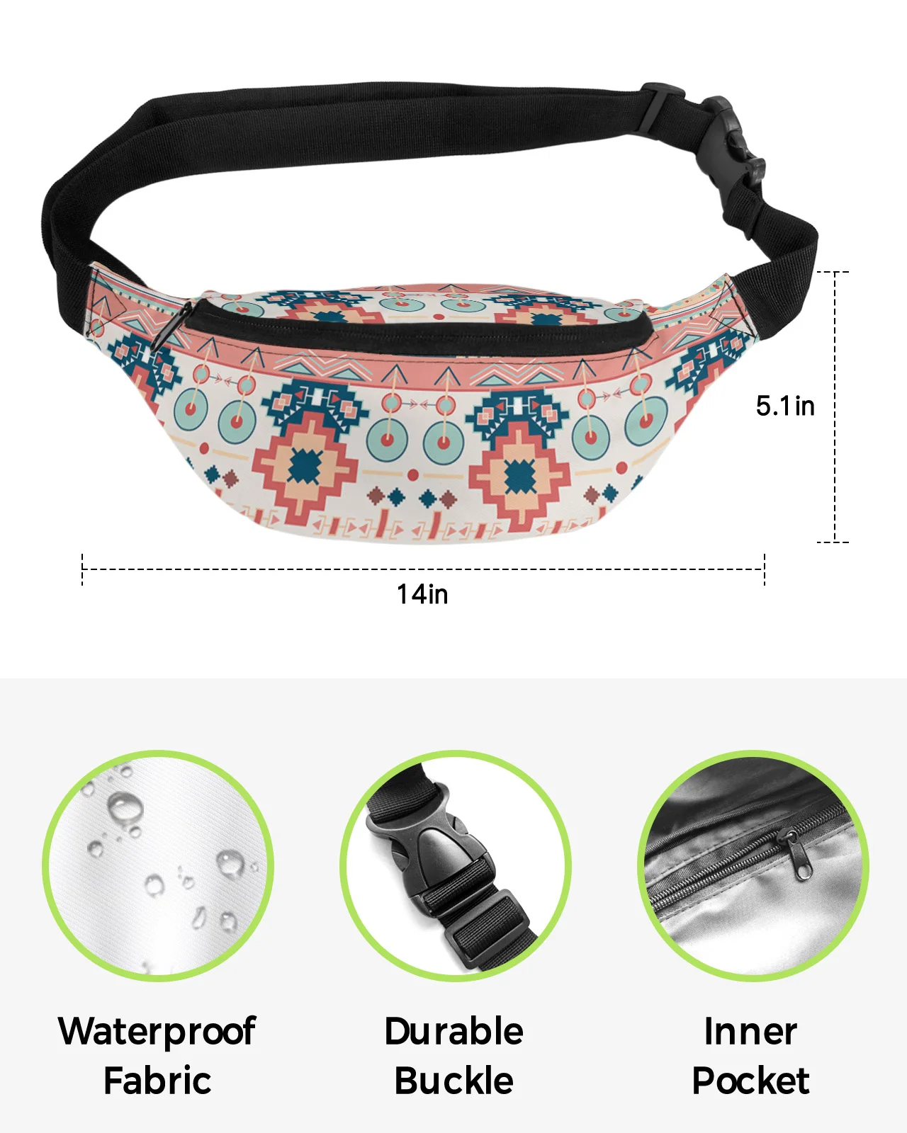 Riñonera con patrón étnico bohemio para hombre y mujer, bolso de cintura, monedero grande, cinturón para teléfono, billetera impermeable, bolsas de cadera de plátano