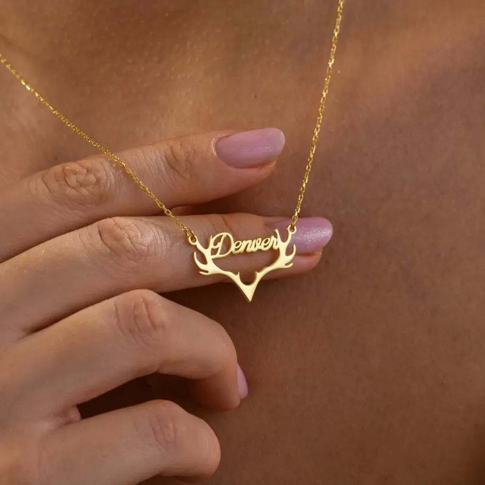 Personalized Antlers Name Necklace Women Custom Stainless Steel Nameplate Necklace Christmas Jewelry Hunter Gift For Her