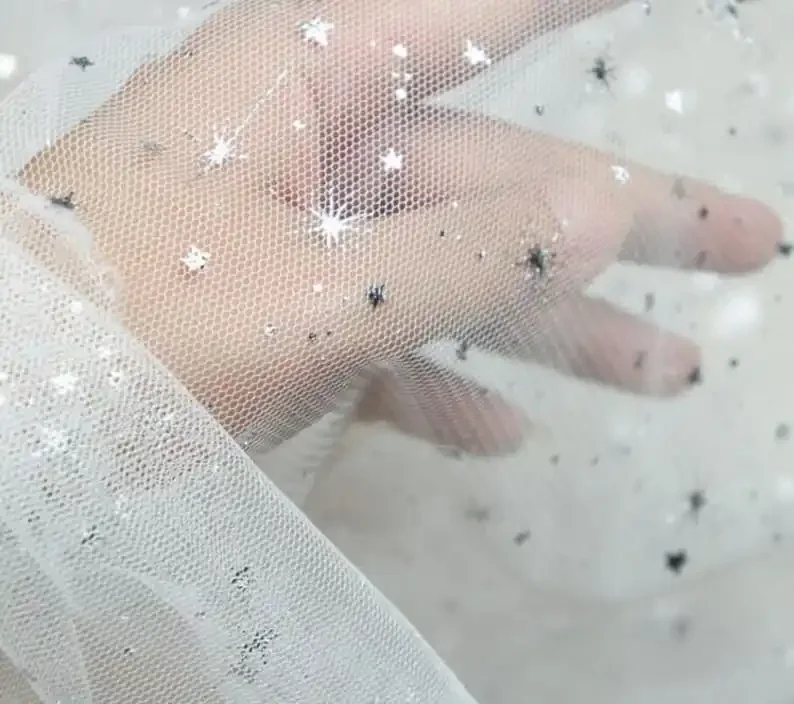 

Серебряные блестки, звезды, вышивка, кружевная ткань, мягкая тюлевая ткань со звездами для девочек, платье-пачка, свадебное платье, фата 1 ярд