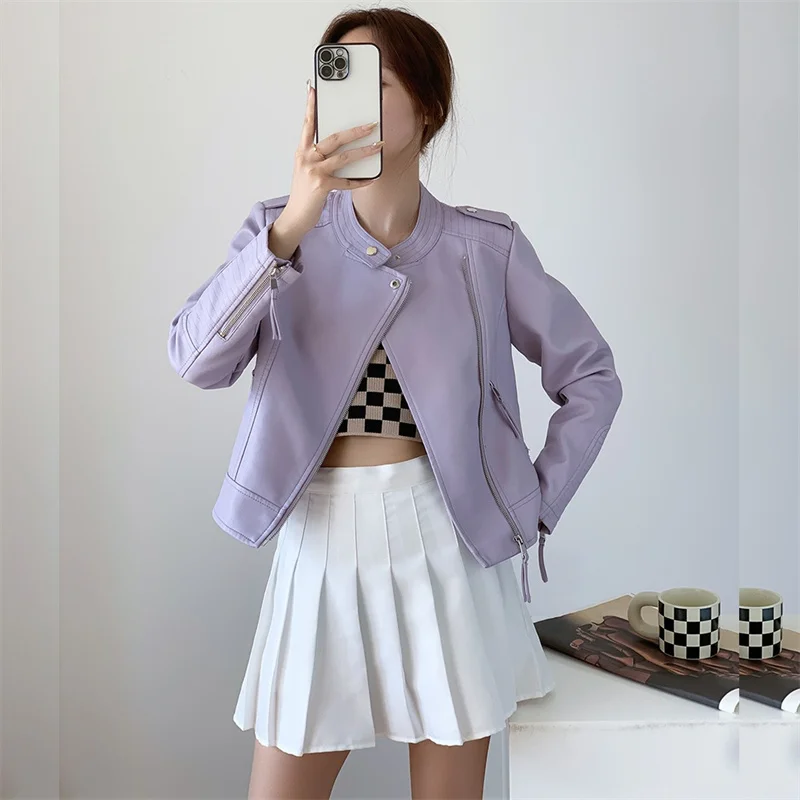 Korean Stand Collar Short Faux Leather Coat Women Autumn Slim Long Sleeve Biker Jacket Female Beige Black Purple Green Outerwear