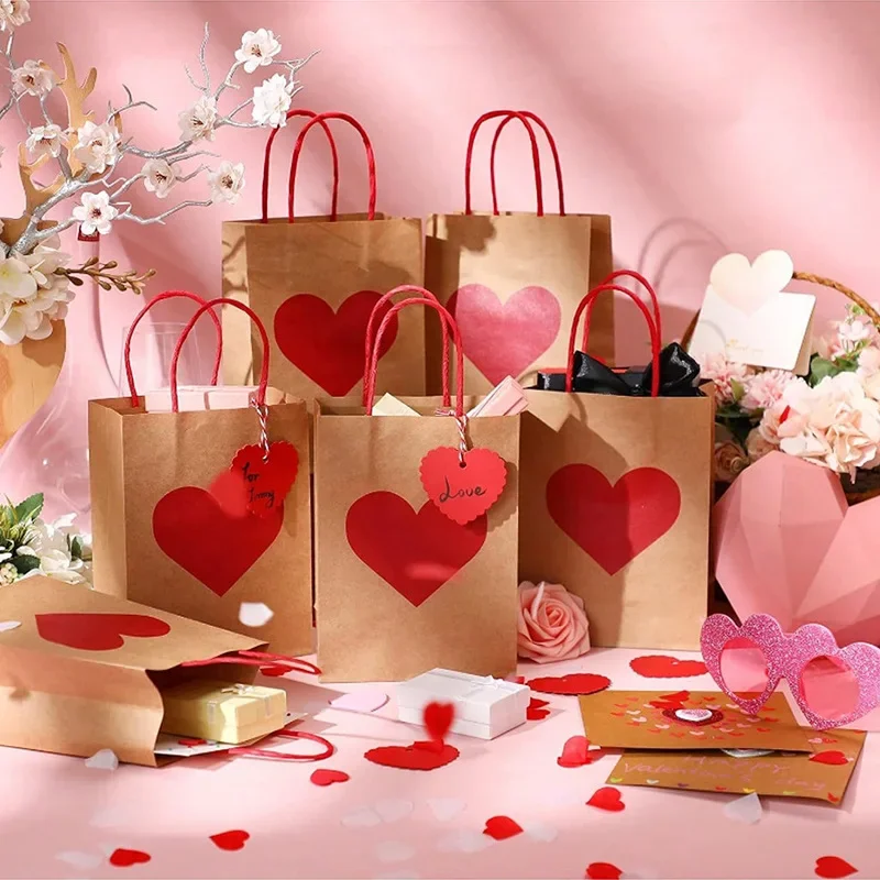 10Pcs Red Heart Kraft Paper Gift Packing Bags with Tag Shopping Tote Bag for Valentine's Day Wedding Anniversary Party Decor