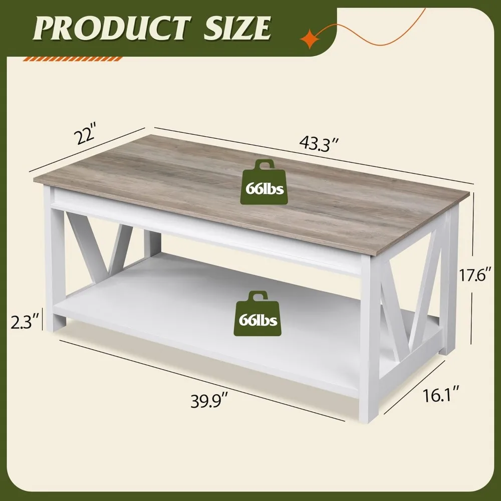 Coffee Table, 43" Living Room Coffee Table with Storage Shelf, Center Tables for Living Room, Bedroom, Office and Balcony, White